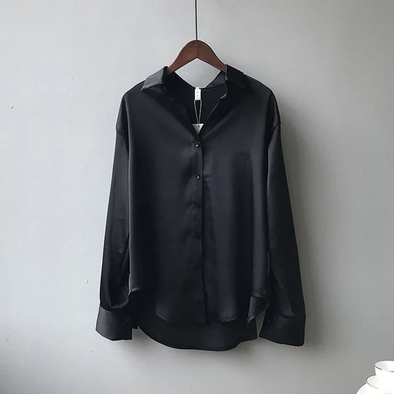 Elegant Satin Loose Dress Shirt with Turndown Collar for Spring and Fall, Vintage Casual Button-Down Silk Top, Size: Parallel Import