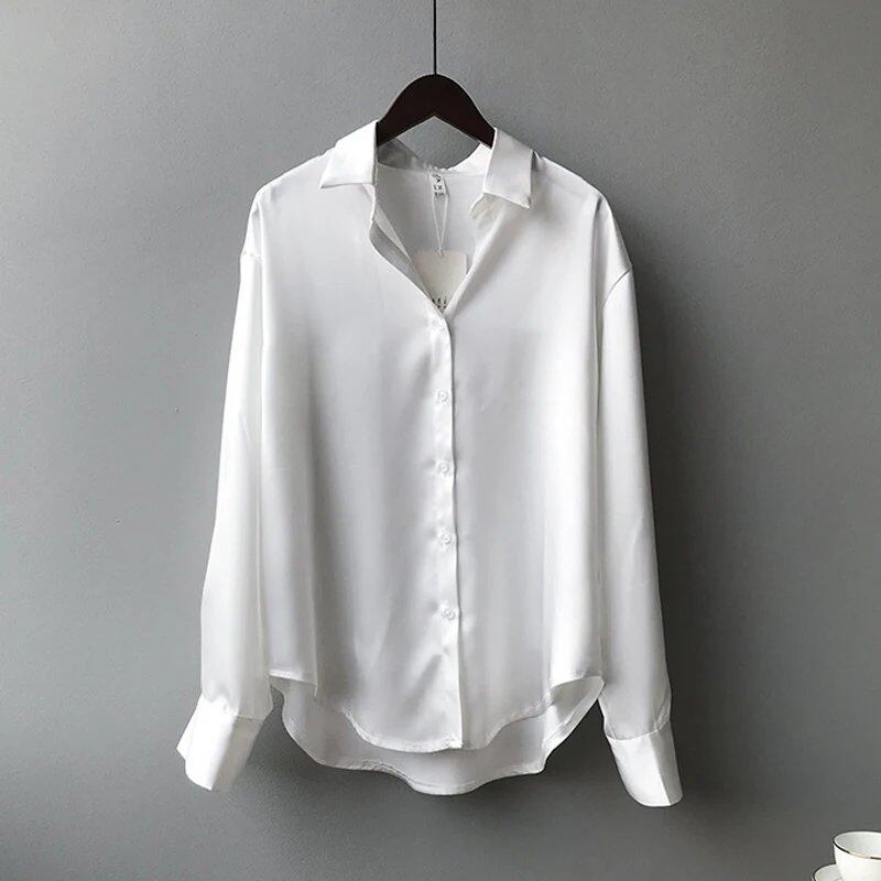 Elegant Satin Loose Dress Shirt with Turndown Collar for Spring and Fall, Vintage Casual Button-Down Silk Top, Size: Parallel Import