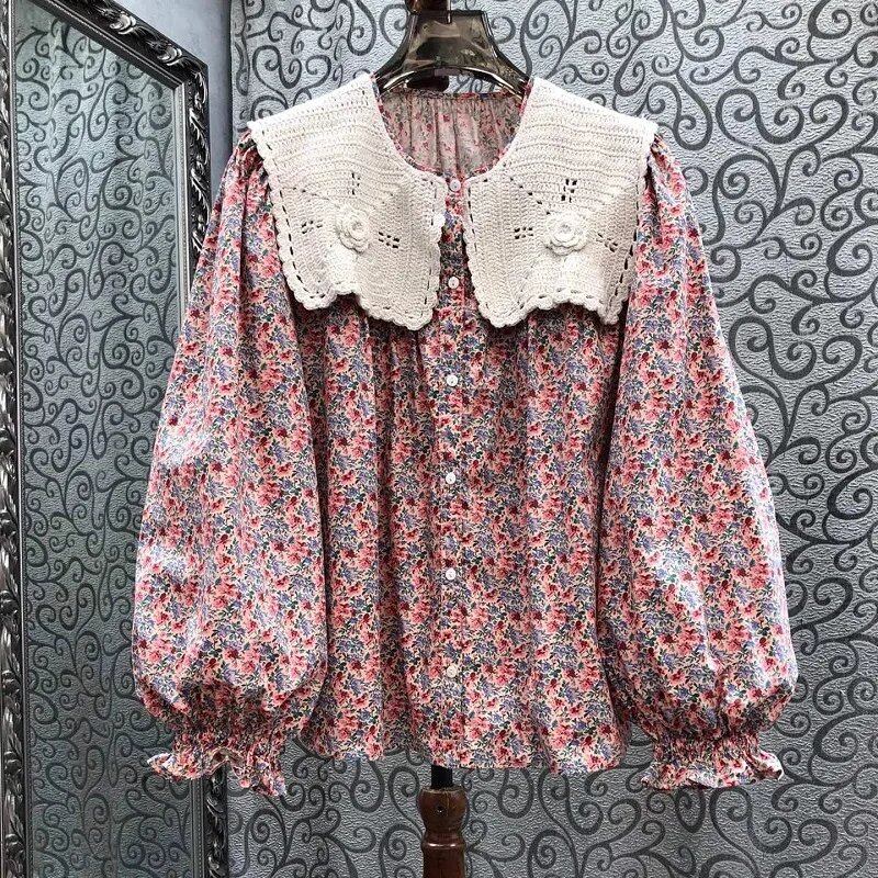 100%コットンシャツ 2025春夏ファッション レディースブラウス クロシェ編みパッチワーク 長袖ブラウス 女性用 スイートフローラルトップス サイズ: 並行輸入品