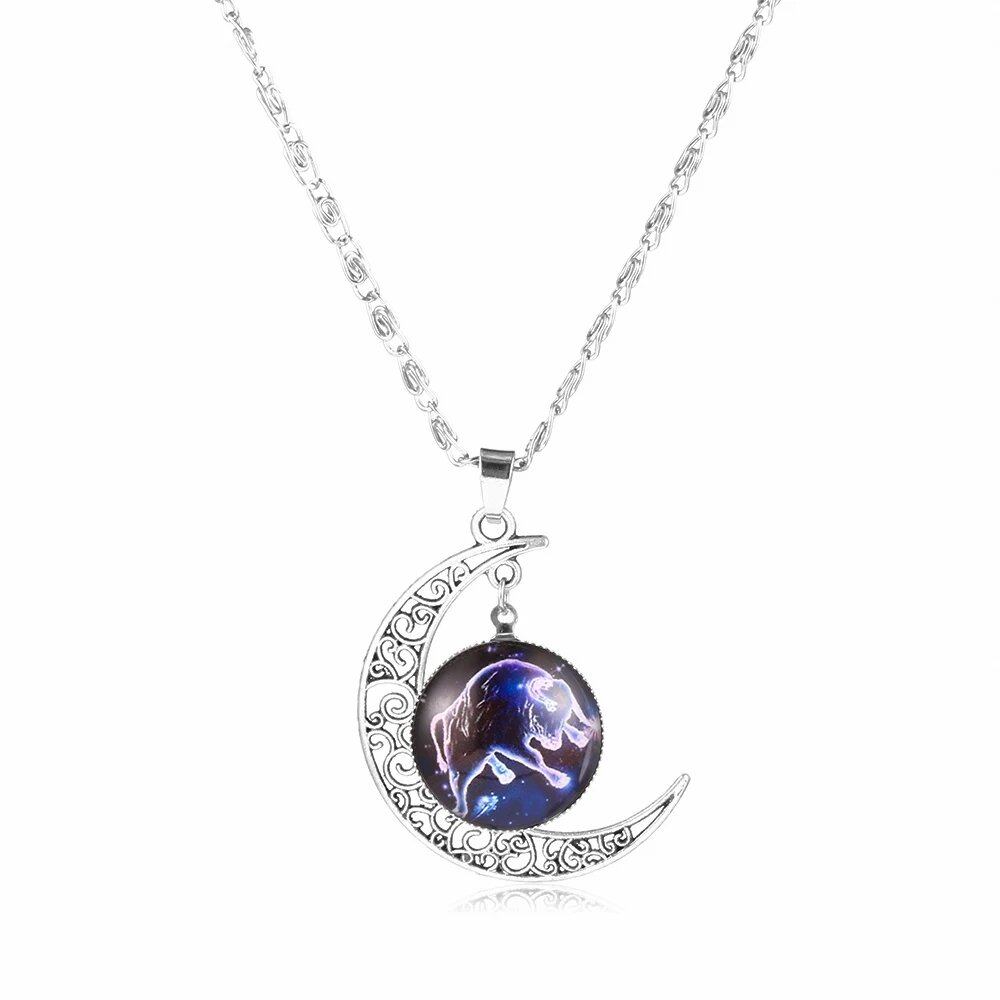 12 Zodiac Signs Glass Dome Crescent Moon Necklace for Women, Stylish Party Jewelry (Compatible with Aries, Taurus, Cancer, Aquarius, and Pisces), Metal Color, Parallel Import