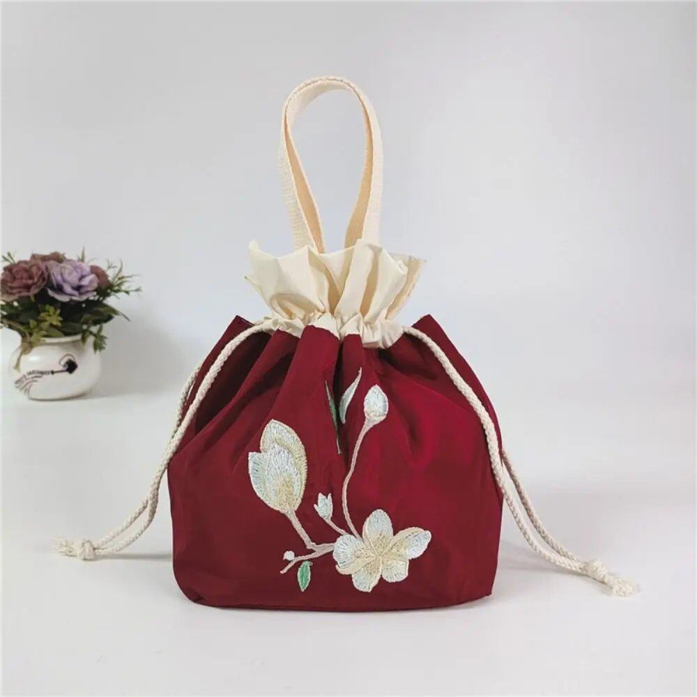 Satin Silk Embroidered Flower Handbag, Ruffle Mommy Bag, Hanfu Drawstring Bag, Korean Style Lunch Bag, Floral Bucket Bag, Outdoor Bag, Parallel Import