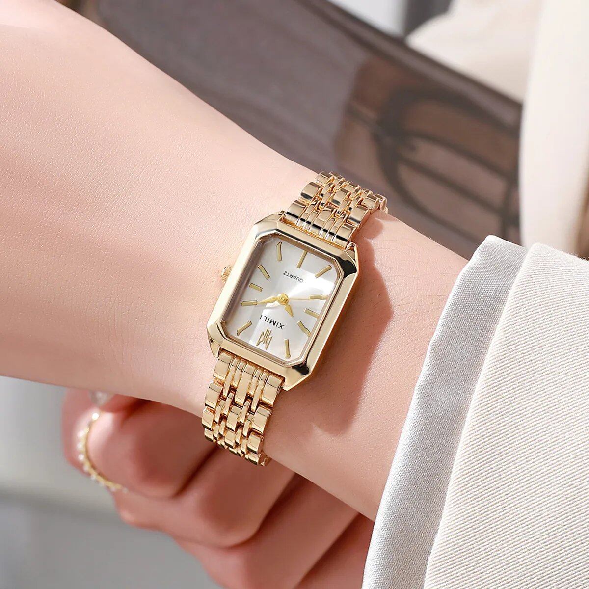 Women's Business Quartz Watch with Simple Square Dial, Luxury Stainless Steel, Gold-Plated, Folding Design, Parallel Import