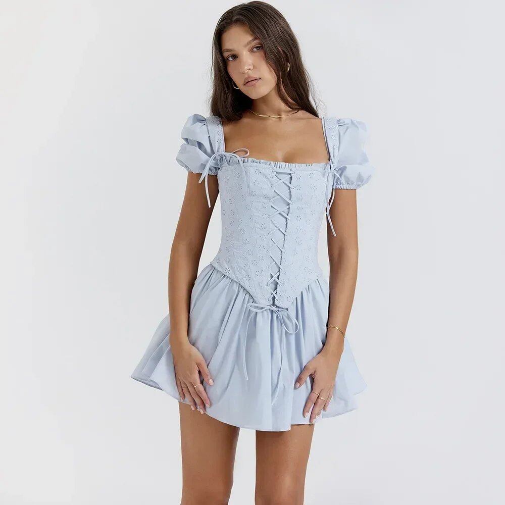 Sunin Heart Summer Blue Puff Sleeve Corset Dress, Mini, Elegant A-Line Lace-Up Square Neck, Holiday Party Dress, Women's Dress 2023, Size: ; Color: Corset Dress, Blue, Parallel Import