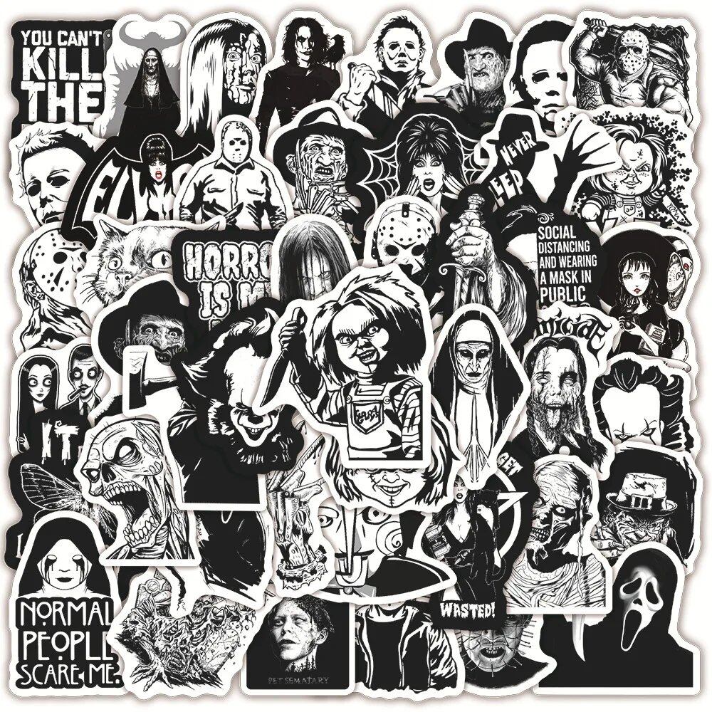 10/20/50 Sheets of Cool Black & White Thriller/Horror Movie Stickers for DIY Toys, Cars, Skateboards, Guitars, Suitcases, Waterproof Decals, Color: Horror, 50 Pieces, Parallel Import