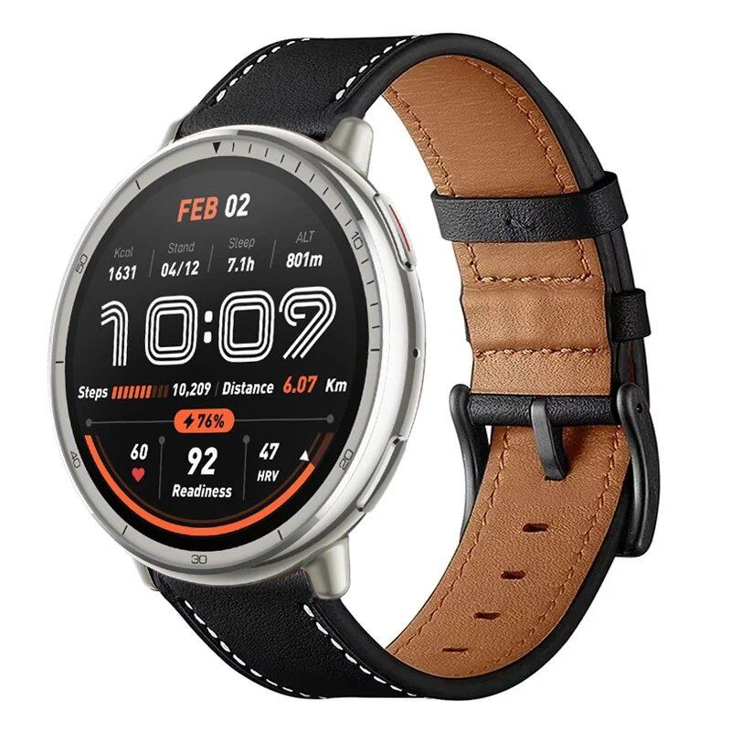 Compatible with Amazfit Active 2, Bip 6, 5, 3 Pro, GTR 4, 3, 2, GTS 4, 3, 2, Stratos 2, 3, and Balance 2. 20mm and 22mm leather smartwatch bands. Band color: Black. Parallel import.