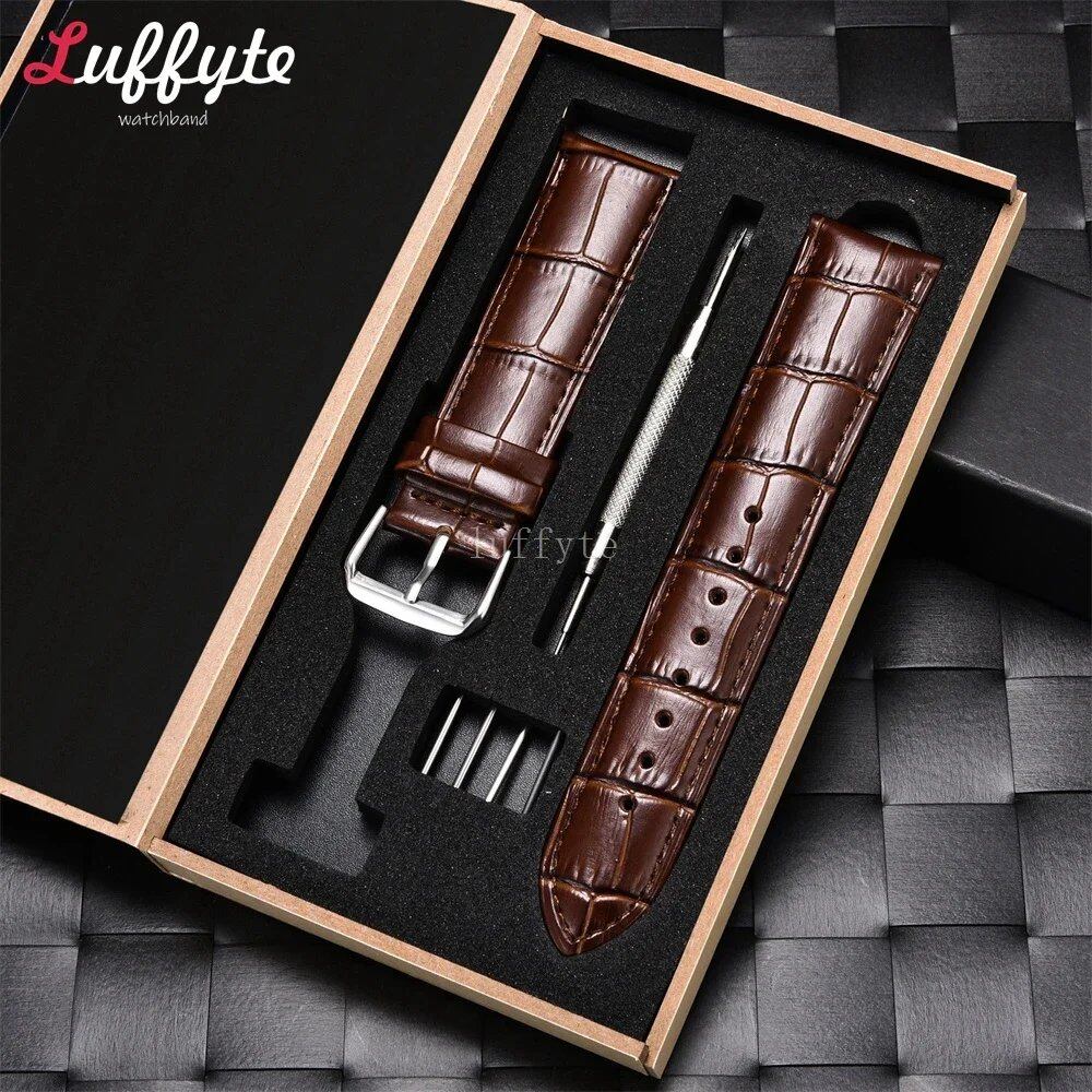 Embossed Cowhide Leather Watch Strap, 18mm, 20mm, 22mm, 24mm, Boxed, Business Replacement Watch Band, Band Color: mm; Shipped from: Parallel Import