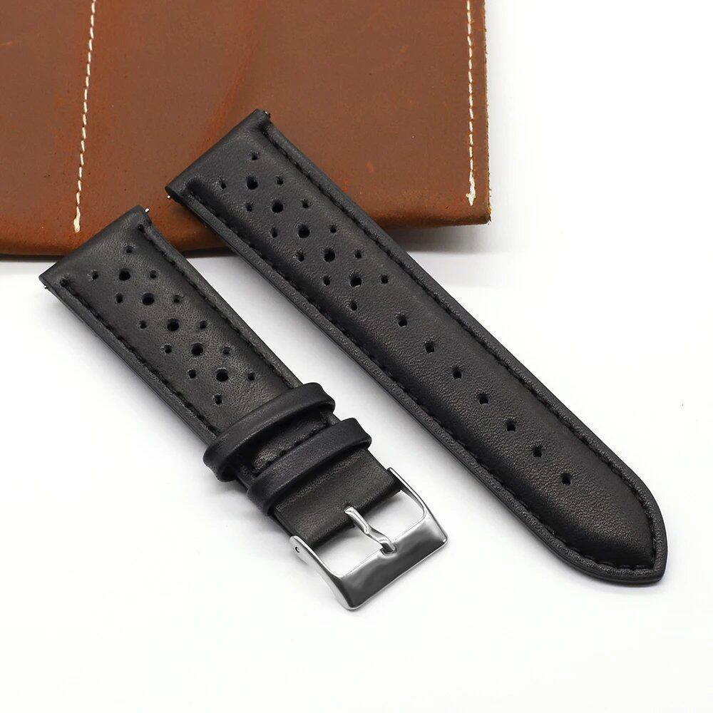 Vintage Handmade Leather Watch Strap, 18mm, 19mm, 20mm, 22mm, 24mm, Racing Gray, Black, Brown, Blue, Ventilated, Band Color: mm, Parallel Import