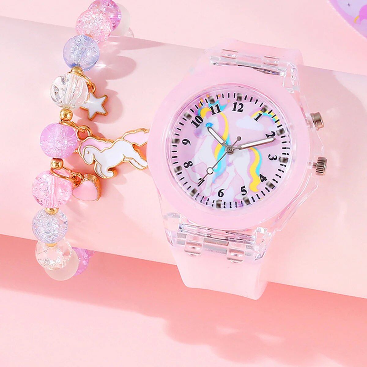5-Piece Cute Unicorn Silicone Digital Watch and Acrylic Unicorn Bracelet Gift Set (No Gift Box) Color: Parallel Import