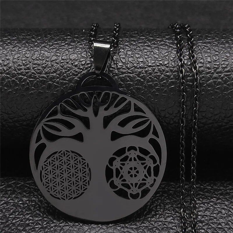 Yoga Flower of Life Buddhist Amulet Necklace, Stainless Steel, Spiritual Medal, Tree of Life Jewelry, Fleur de Vie, N3091, Metal Color: 50cm, Parallel Import