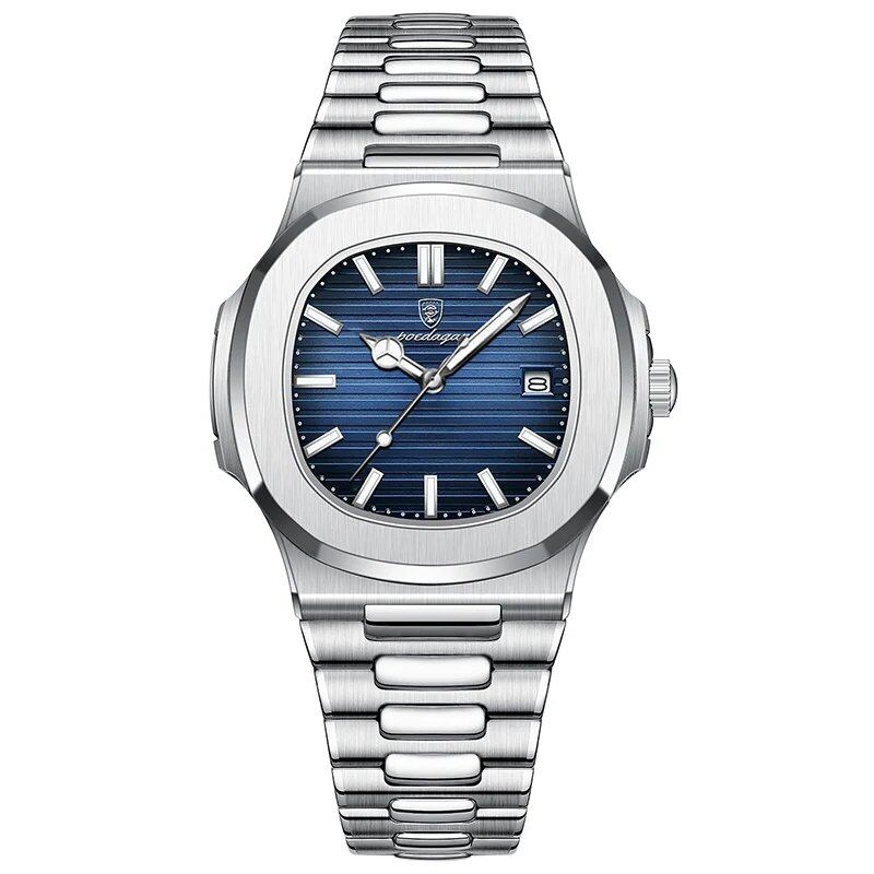 POEDAGAR Stainless Steel Men's Watch, Waterproof, Business Style, with Calendar, Quartz Movement, Luxury Laminated Square Design, Parallel Import