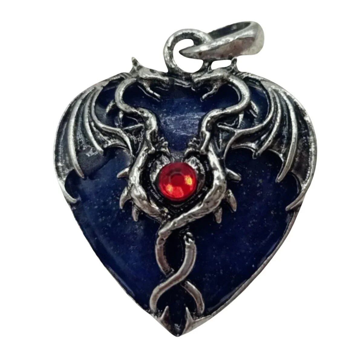 Natural Power Stone Heart-Shaped Antique Silver Alloy Double Dragon Pendant Top for DIY Jewelry Making, Healing, Chakra, and Spiritual Use, 32x42mm, Metal Color: Parallel Import