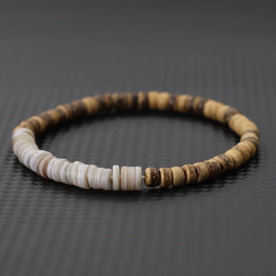 Men's Handmade Coconut Bead Bracelet, Natural Materials, Meditation Jewelry, Grade A Shell Bracelet, Perfect for Beach, Surfing, Cycling, and Joyous. Length: 19.5cm (7.7 inches); Metal Color: Parallel Import.