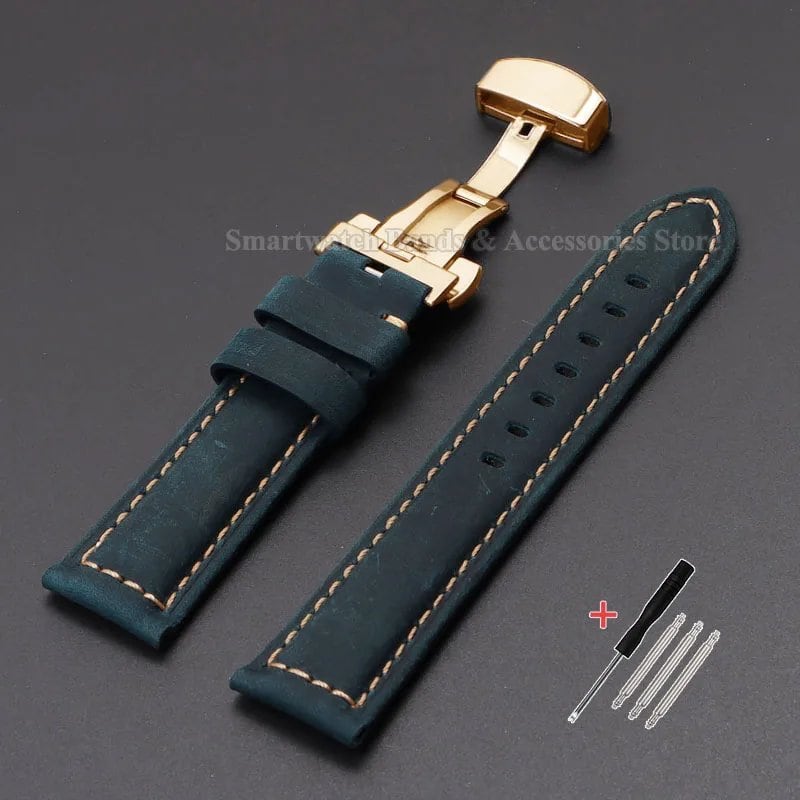 Vintage-style calf leather strap for Panerai and Seiko watches in sizes 20mm, 22mm, 24mm, and 26mm. Features a metal butterfly clasp. Band color: mm. Parallel import.