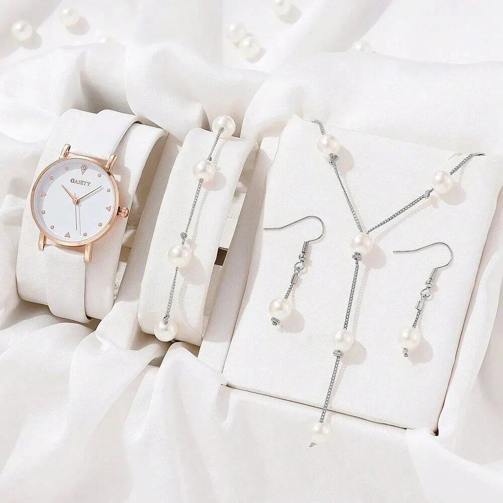Luxury 4-Piece Women's Watch Set: Round Face, Rhinestone, Elegant Quartz Wristwatches, Rose Gold, Color: ZY001 - Parallel Import