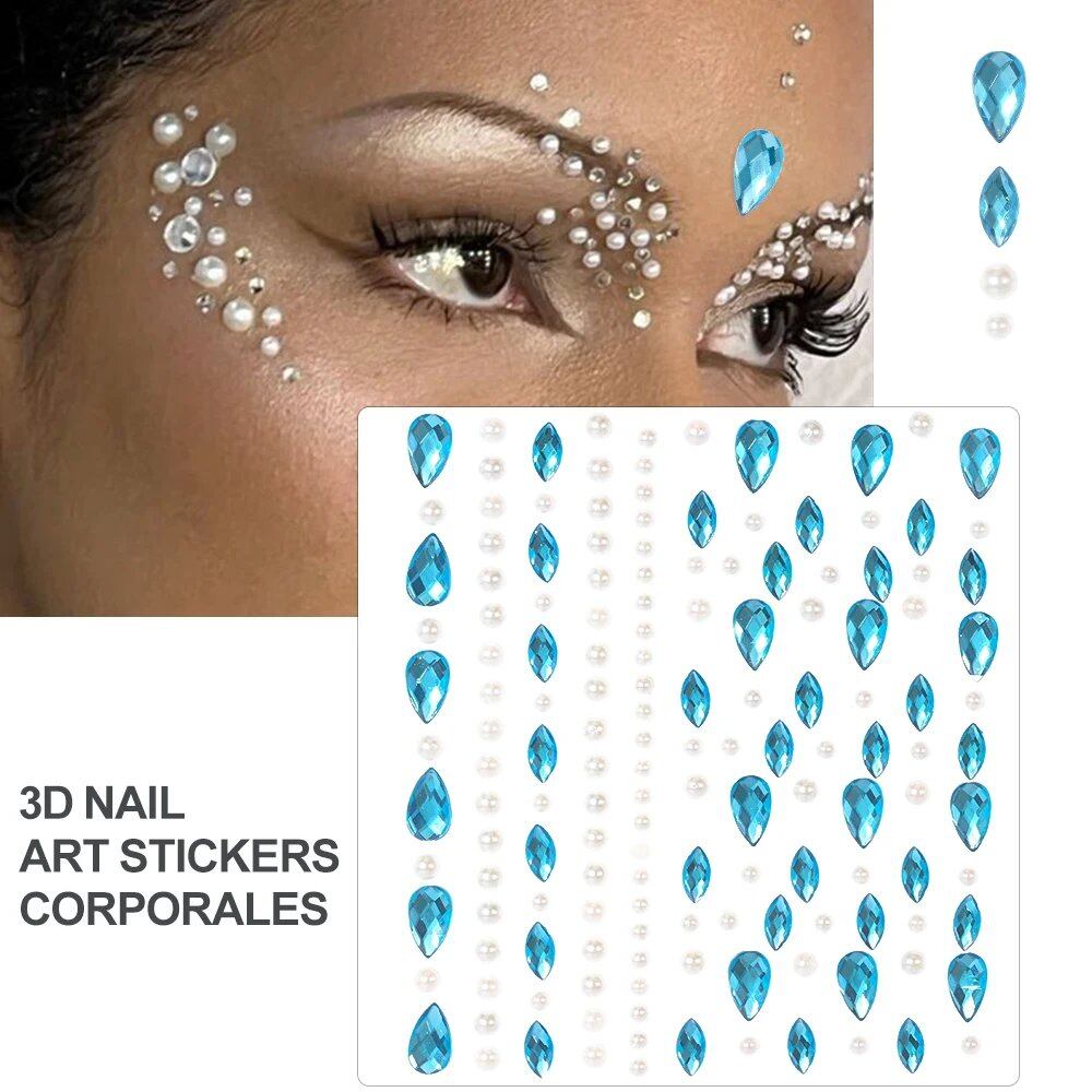 1/5/8-Piece 3D Face and Eye Tattoo Stickers for Party Makeup, Diamond Rhinestone Stickers, Self-Adhesive Mixed Crystal Face Decoration Stickers, Parallel Import