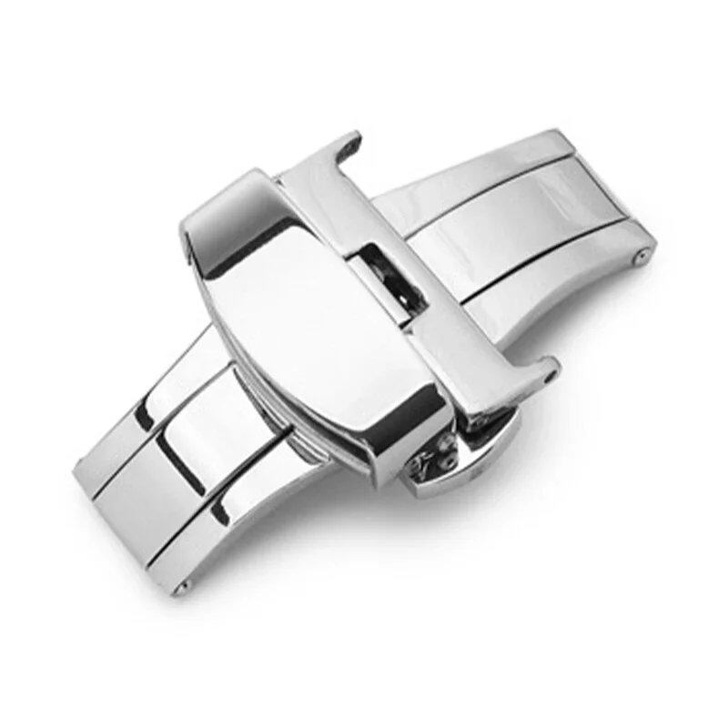 Stainless steel butterfly buckle with polished/matte buttons for watch bands in sizes 16mm, 20mm, 22mm, 24mm, 10/12/14mm. Available in mm band colors. Parallel import.