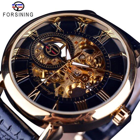 Forshining 3D Logo Design Hollow Engraving Black & Gold Case Leather Strap Skeleton Mechanical Watch for Men, Luxury Brand, Color: GMT838-2, Parallel Import