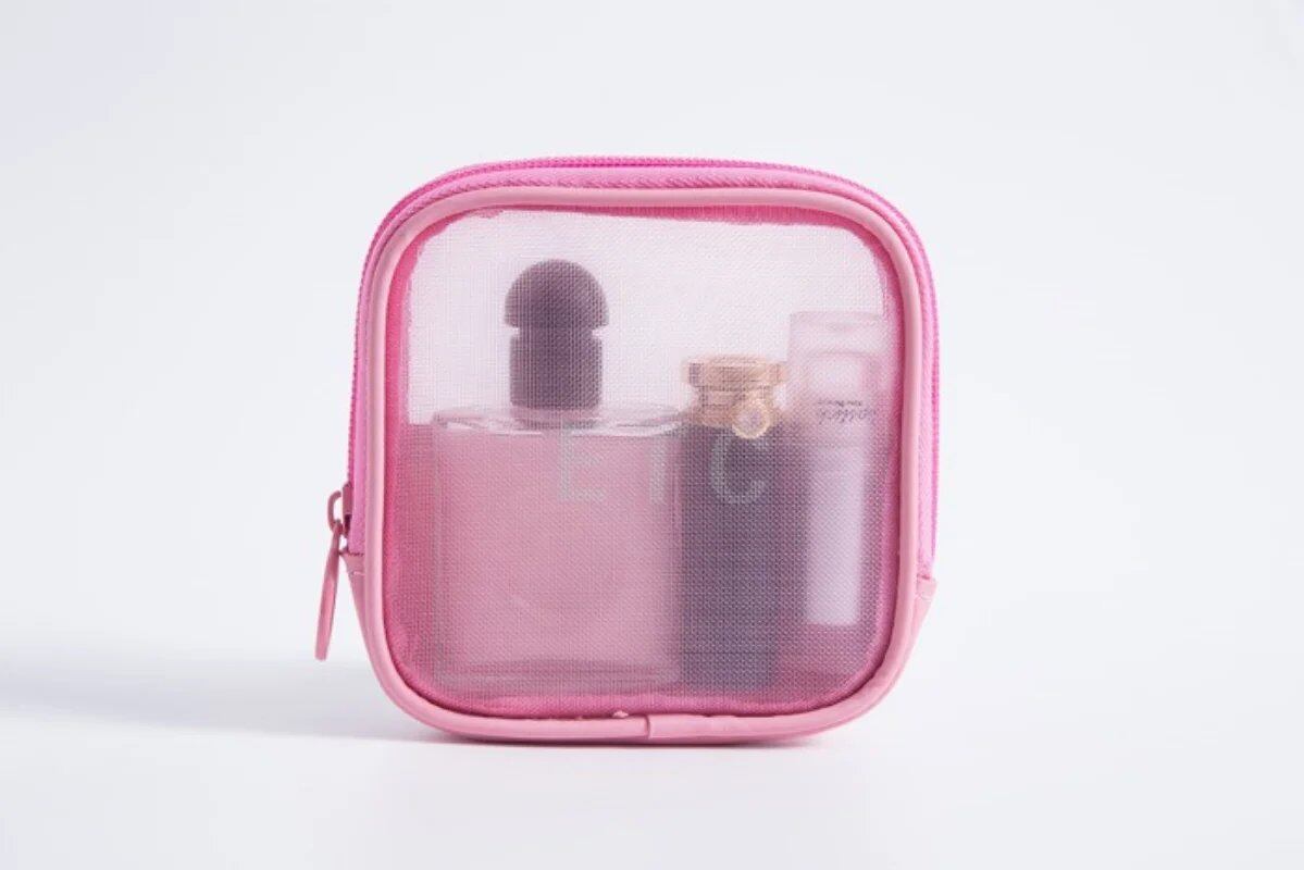 女性用メイクバッグ 旅行用トイレタリーバッグ 洗面化粧品収納ケース ジッパー付き ドット柄 透明メッシュ コスメポーチ 並行輸入品