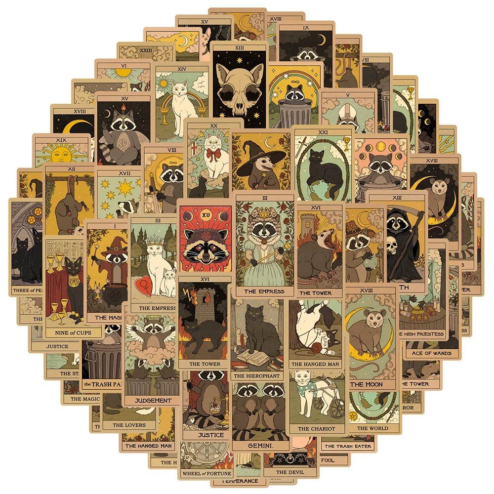 10/30/60 Sheets of Gothic Mystic Cat & Raccoon Tarot Card Stickers with Unique and Funny Cartoon Graffiti Designs for Smartphones, Skateboards, and Journals. Wholesale Parallel Import.