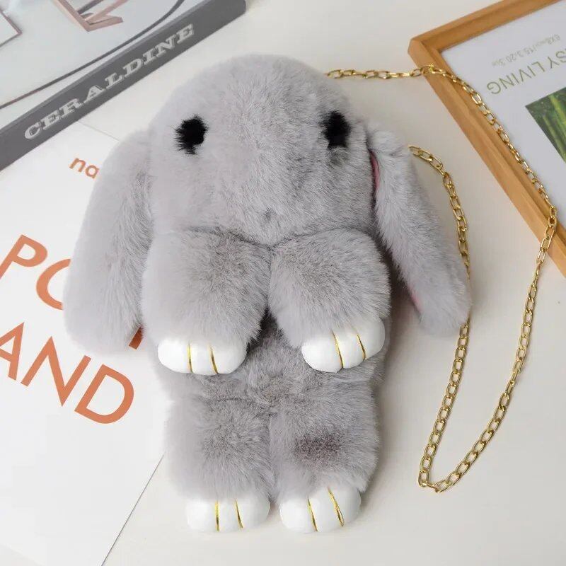 Cute Fluffy Rabbit Pom Pom Chain Bag for Women, Cartoon Rabbit Sling Bag, Plush Bunny Shoulder Backpack, Birthday Gift for Girls, Parallel Import