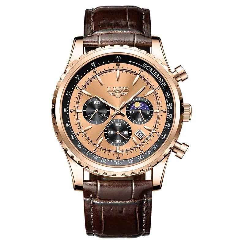 LIGE New Men's Watch, Luxury Leather Quartz Movement, Waterproof Sport Watch, Gift Box Included, Parallel Import