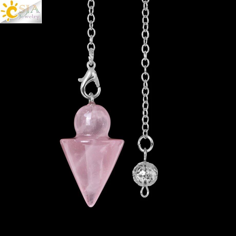 Natural Stone Cone Pendant, Silver Color, with Chain, Crystal Pendant, Pink Quartz, for Dowsing and Divination, Spiritual Reiki, Pendulum, S975 Metal Color: Parallel Import