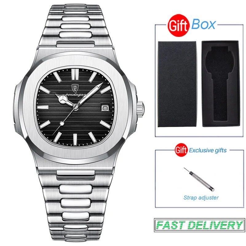 POEDAGAR Stainless Steel Men's Watch, Waterproof, Business Style, with Calendar, Quartz Movement, Luxury Laminated Square Design, Parallel Import