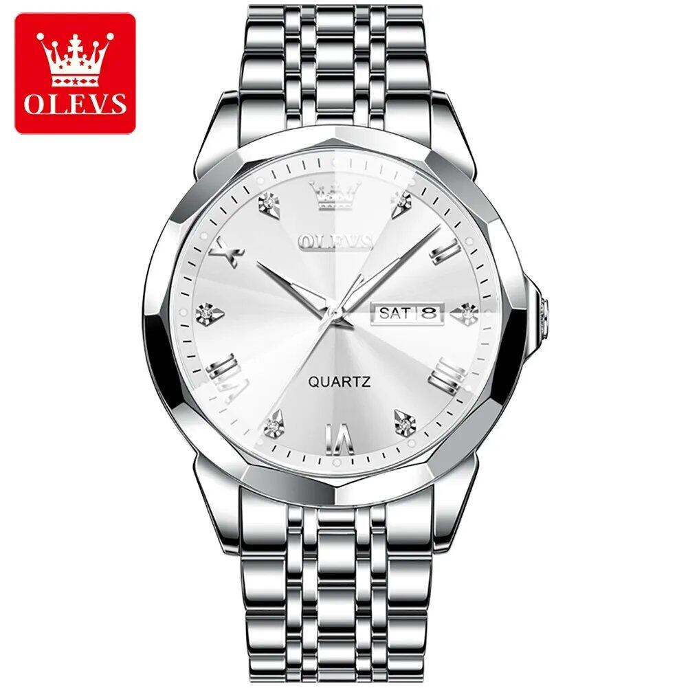 OLEVS Men's Diamond-Cut Dial Quartz Watch, Waterproof, Luminous Stainless Steel, Date and Day Display, Color: Men's; Customization Unavailable, Parallel Import