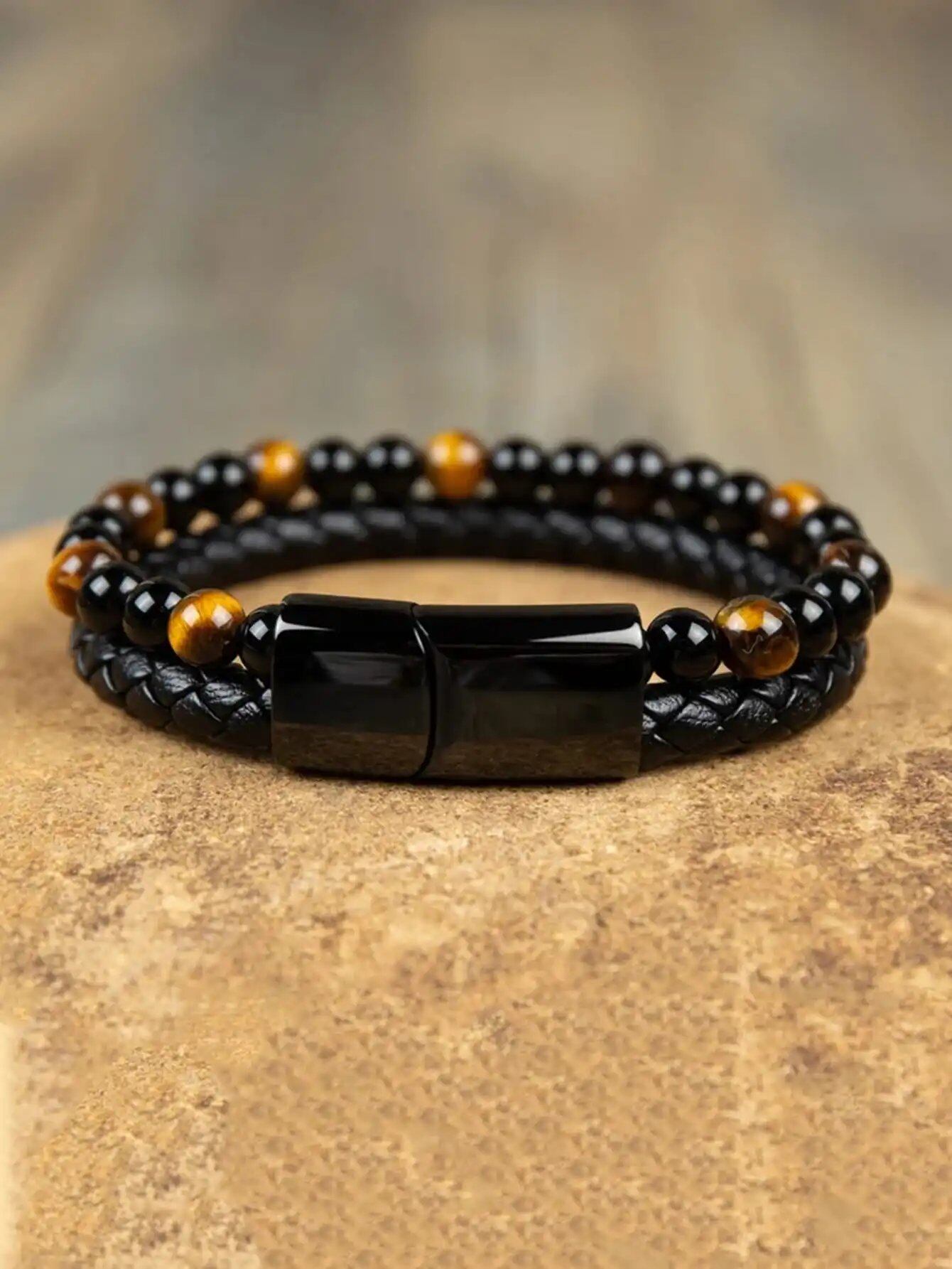 Tiger Eye Bracelet - Black Obsidian Strength Calm Healing Stone Men's Bracelet - Spiritual Protection, Balance, Meditation Bracelet, 22cm Long; Main Stone Color: Black; Metal Color: Parallel Import
