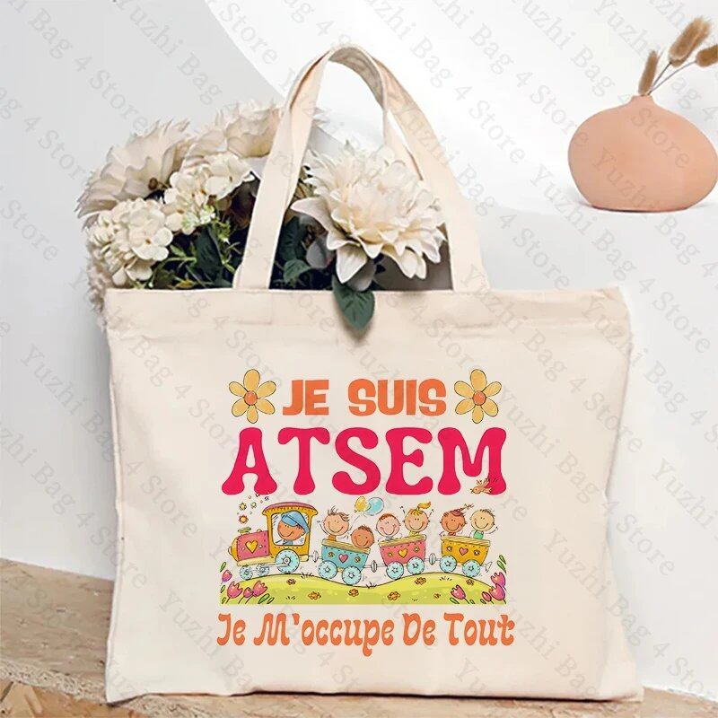 ATSEM フランス語 プレゼント トートバッグ - 教育アシスタント・保育プロフェッショナル向け コンパクトショッピングバッグ 女性用ショルダーバッグ カラー 並行輸入品