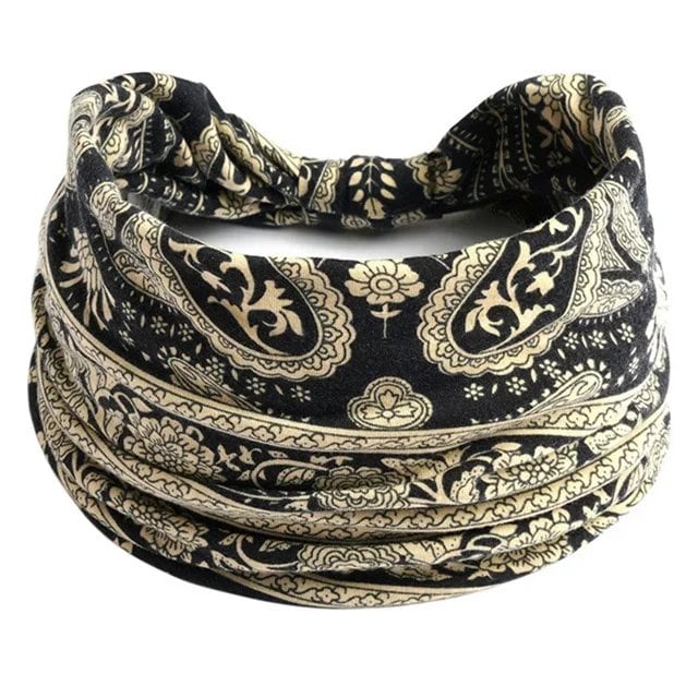 New Boho Floral Print Wide Headband with Vintage Knot Elastic Turban Headwrap for Women and Girls, Cotton Soft Bandana Hair Accessory, Parallel Import