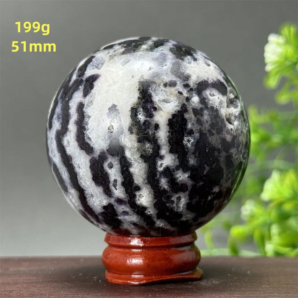 Natural Purple Zebra Fluorite Ball for Reiki Healing, Spiritual Meditation, Chakra Therapy, Magic, Ritual, Divination, Home Decoration, with Stand, Color: A, Parallel Import