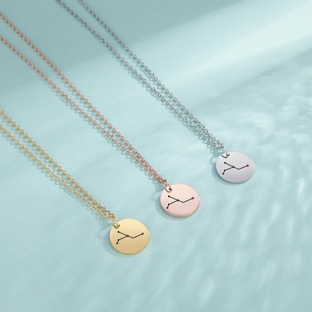 Skyrim Zodiac Necklace for Women, Skyline Design, Stainless Steel, Leo, Gemini, Taurus, Aries, Libra, Virgo Pendant, 45-50cm Long; Main Stone Color: Parallel Import