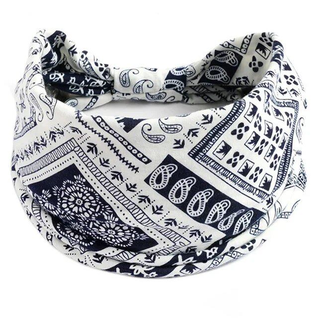 New Boho Floral Print Wide Headband with Vintage Knot Elastic Turban Headwrap for Women and Girls, Cotton Soft Bandana Hair Accessory, Parallel Import