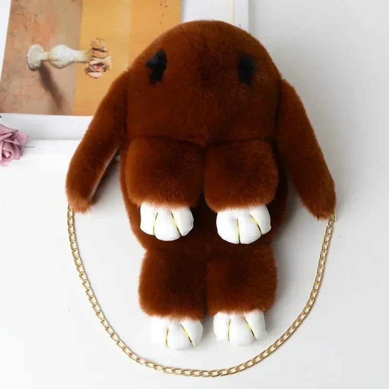 Cute Fluffy Rabbit Pom Pom Chain Bag for Women, Cartoon Rabbit Sling Bag, Plush Bunny Shoulder Backpack, Birthday Gift for Girls, Parallel Import