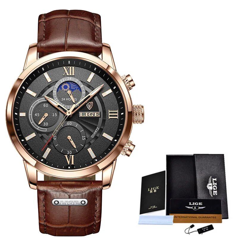 LIGE Men's Watch, Top Brand, Luxury Leather Quartz Movement, Waterproof Sport Watch, Color: Parallel Import