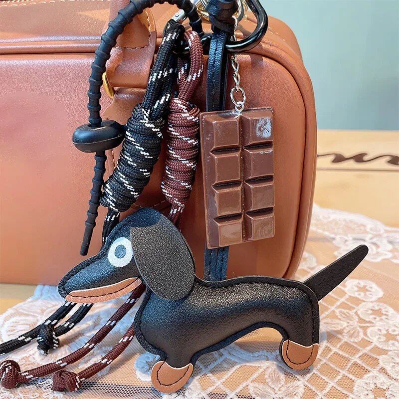 ビンテージ ダックスフント キーホルダー 犬 ペット アクセサリー チョコレートカラー 編みロープ キーリング バッグチャーム 色: 並行輸入品
