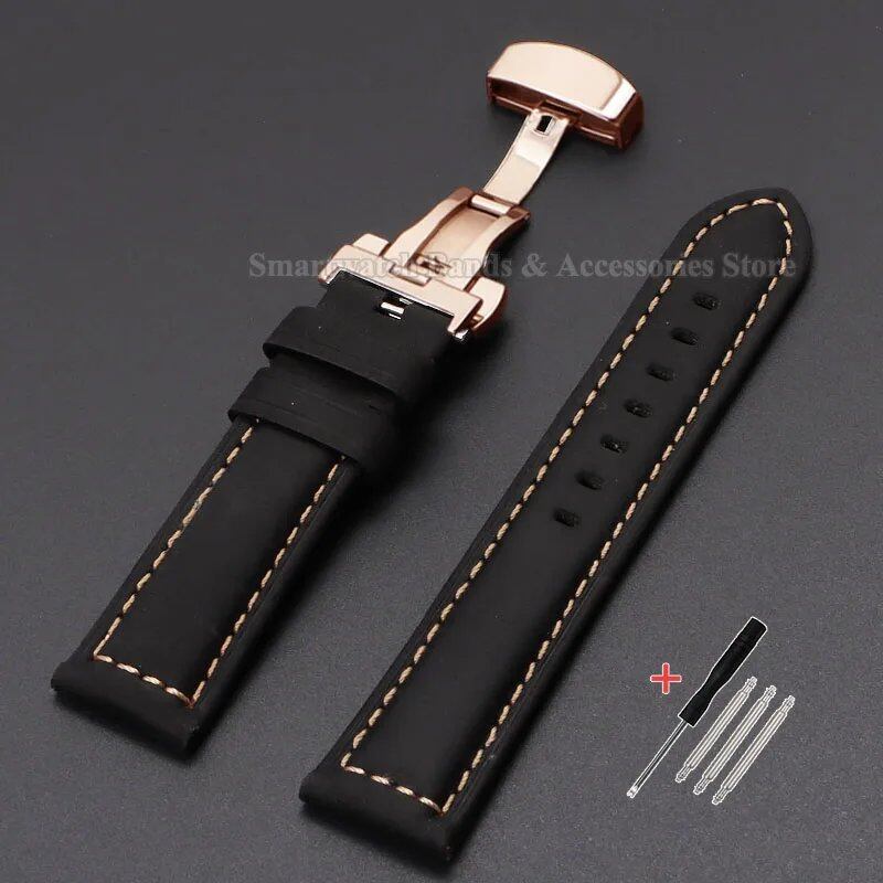 Vintage-style calf leather strap for Panerai and Seiko watches in sizes 20mm, 22mm, 24mm, and 26mm. Features a metal butterfly clasp. Band color: mm. Parallel import.