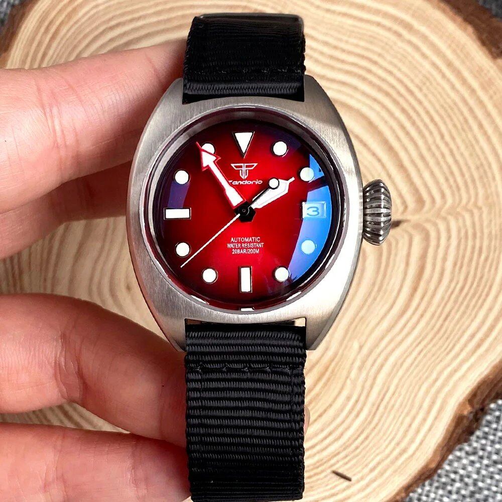 36mm Men's NH35 Military Diver Mechanical Watch with AR Dome Sapphire, Sunburst Pattern, Green/Red/Blue, Big Crown, and Nylon Finish, Parallel Import