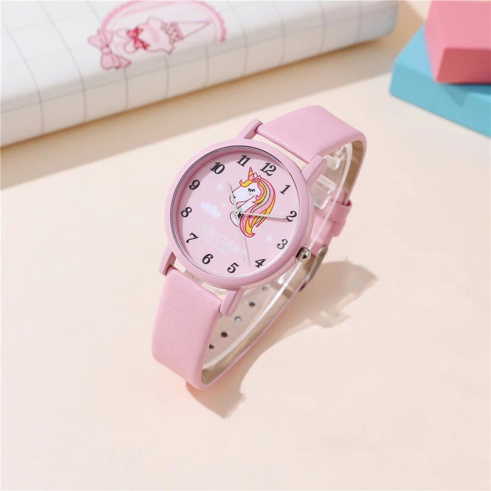 Cute Pink Unicorn Kids' Character Watch with PU Leather Band (Parallel Import)