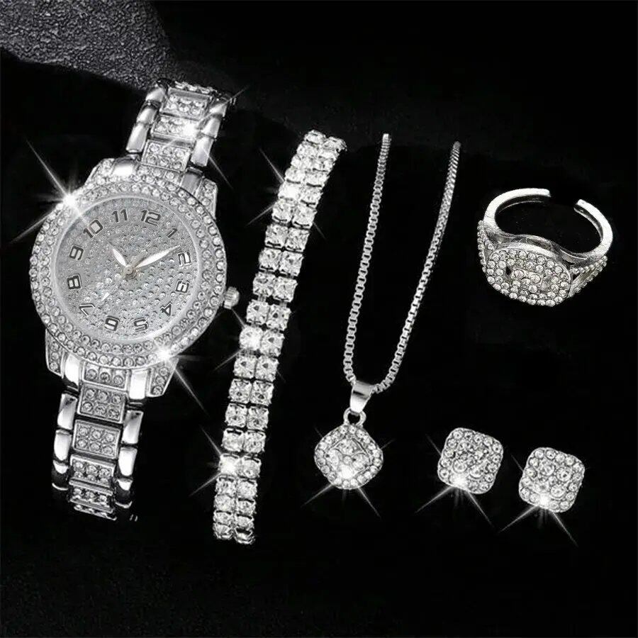Set of 6 Women's Luxury Elegant Alloy Crystal Bracelet Quartz Watches with Glitter Stones, Gift for Women, Parallel Import