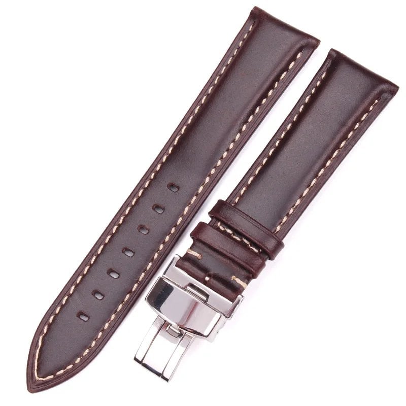 18-24mm Women's & Men's Vintage Smooth Watch Band Strap, Dark Brown Genuine Leather Bracelet with Metal Butterfly Deployment Clasp Buckle, Band Color: mm, Parallel Import
