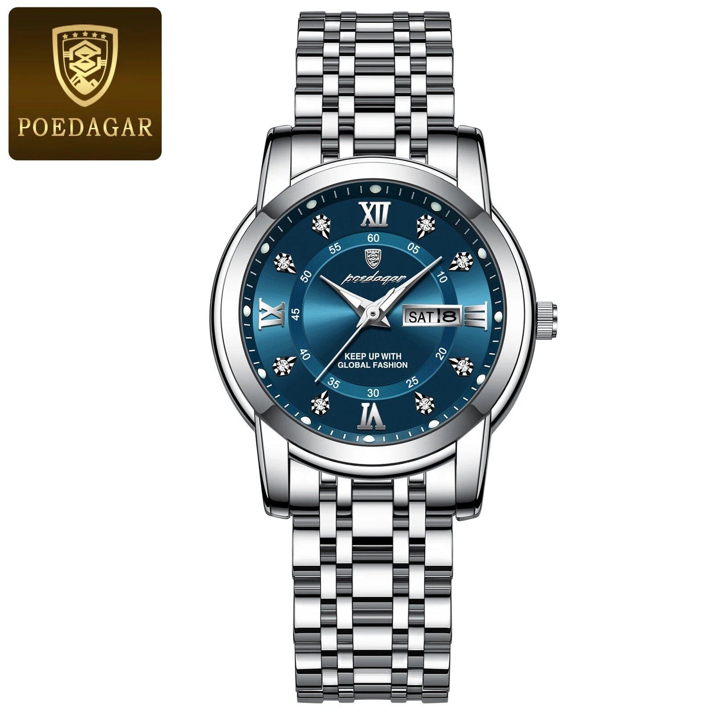 POEDAGAR Luxury Women's Watch, Waterproof, Luminous, Date and Day Display, Stainless Steel, Elegant Dress Quartz Movement, Color: 769 S, Parallel Import