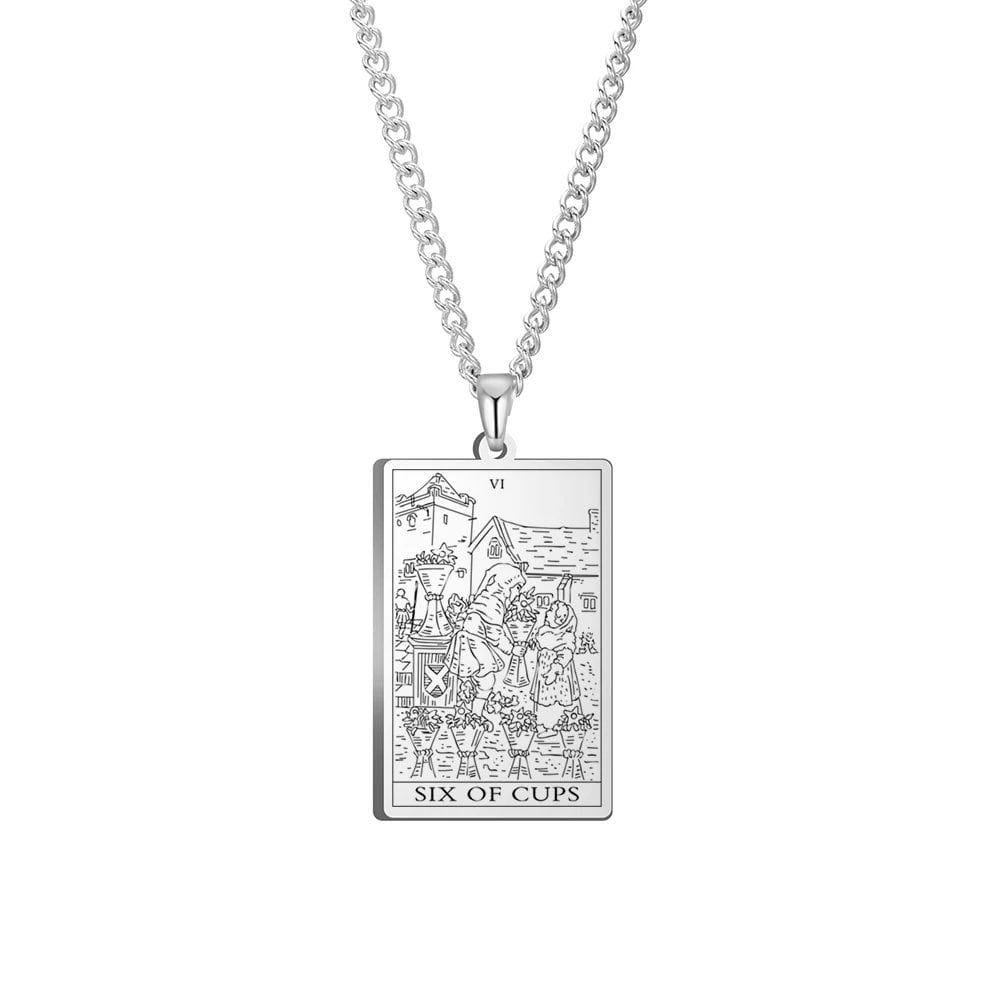 Dawapara Cups Tarot Card Link Chain Pendant Necklace, Vintage Amulet Necklace for Men and Women, Stainless Steel, Parallel Import