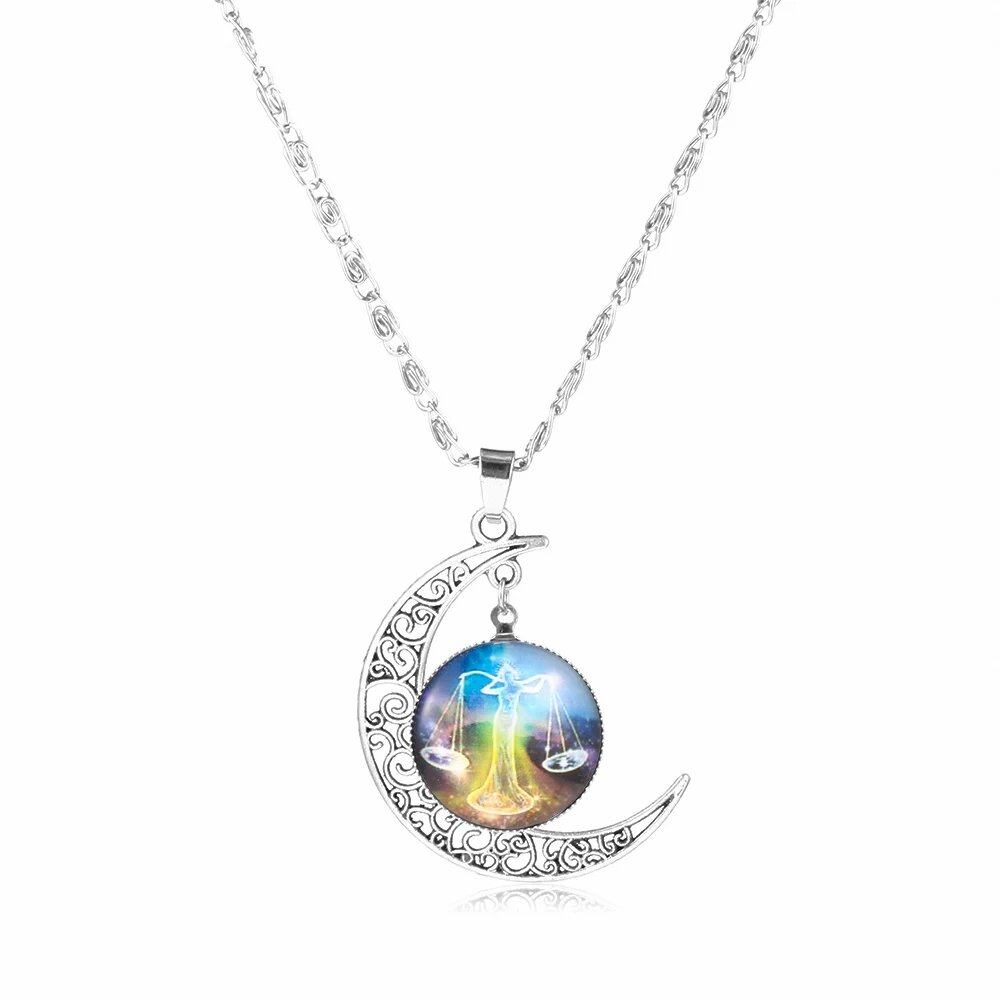 12 Zodiac Signs Glass Dome Crescent Moon Necklace for Women, Stylish Party Jewelry (Compatible with Aries, Taurus, Cancer, Aquarius, and Pisces), Metal Color, Parallel Import