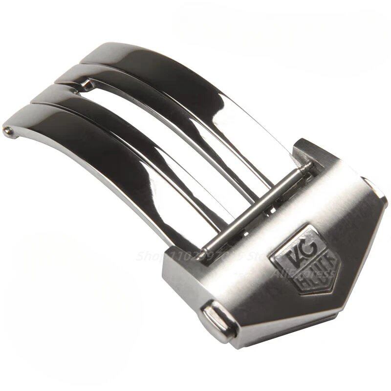 18mm/20mm Tag Heuer Carrera Stainless Steel Bi-fold Buckle with Leather/Silicone Watch Band, Double Button Closure, Silver Band Color (Logo mm, Parallel Import)