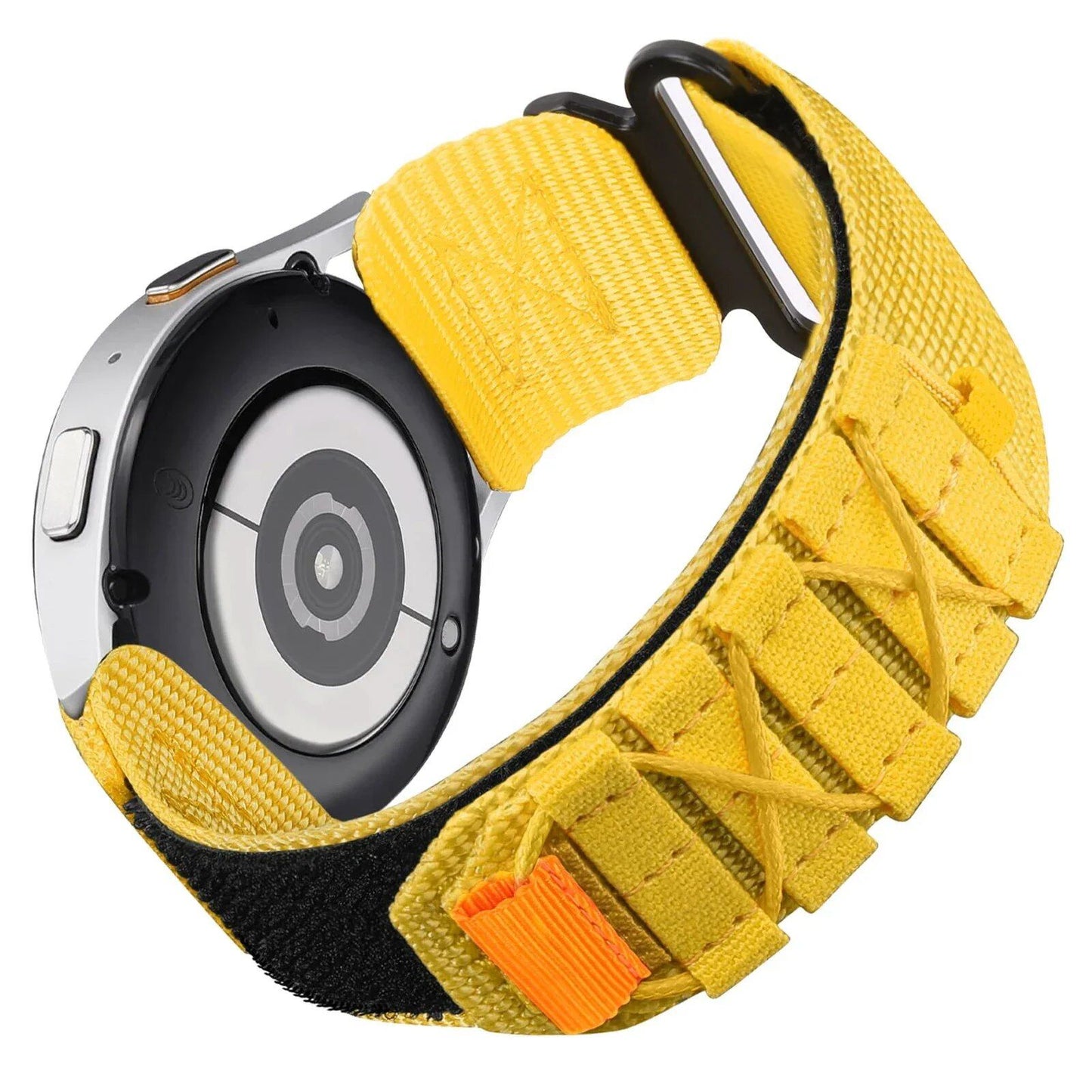 Compatible with Samsung Galaxy Watch 7, 6, 5, 4 (40mm), 5 Pro, 6 Classic (47mm), and HUAWEI WATCH 4, GT3, and 4 Pro. Nylon sports strap (22mm and 20mm). Sizes: mm. Parallel import.