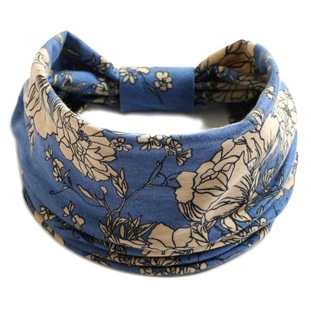 New Boho Floral Print Wide Headband with Vintage Knot Elastic Turban Headwrap for Women and Girls, Cotton Soft Bandana Hair Accessory, Parallel Import