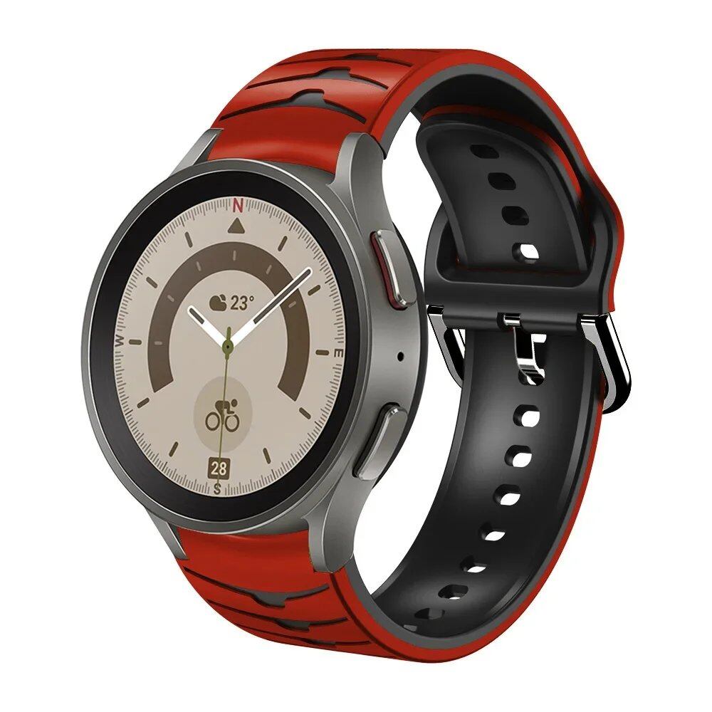 Compatible with Samsung Galaxy Watch 5 Pro (45mm), 6/5/4 (40mm), and 44mm. Two-tone silicone strap with no-grip. Compatible with Galaxy Watch 6/4 Classic (47mm), 43mm. Band Color: Compatible with Galaxy Watch 4, 5, 6, and 7. Parallel import.