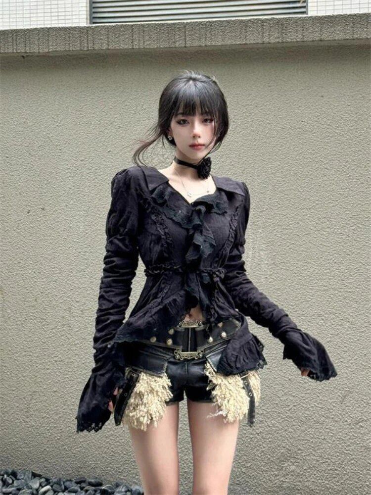 Y2K Subculture Japanese Style Long Sleeve T-Shirt, Lace-Up Gothic Black Tee, Women's Streetwear, Punk Design, Size: Parallel Import